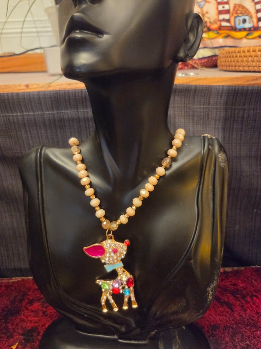 Vintage Jeweled CHIHUAHUA? Dog ~on beaded long necklace Chunky Statement *RARE*